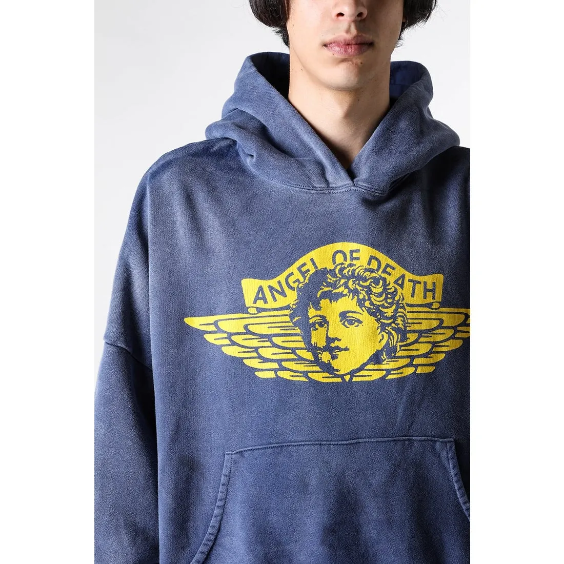 SAINT M×××××× ANGEL HOODIE/NAVY Angel Reborn Blue Hoodie Washed Blue S-XL Assute Garment Dyeing Full Clothes Water Fading Mud Dyeing Dirty Distress New Vintage Ceiling God Tailoring Original Super Loose Fit Customized Original Accessories God-level Print Restoration